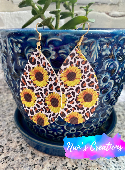 Leopard Sunflower Teardrop Earrings